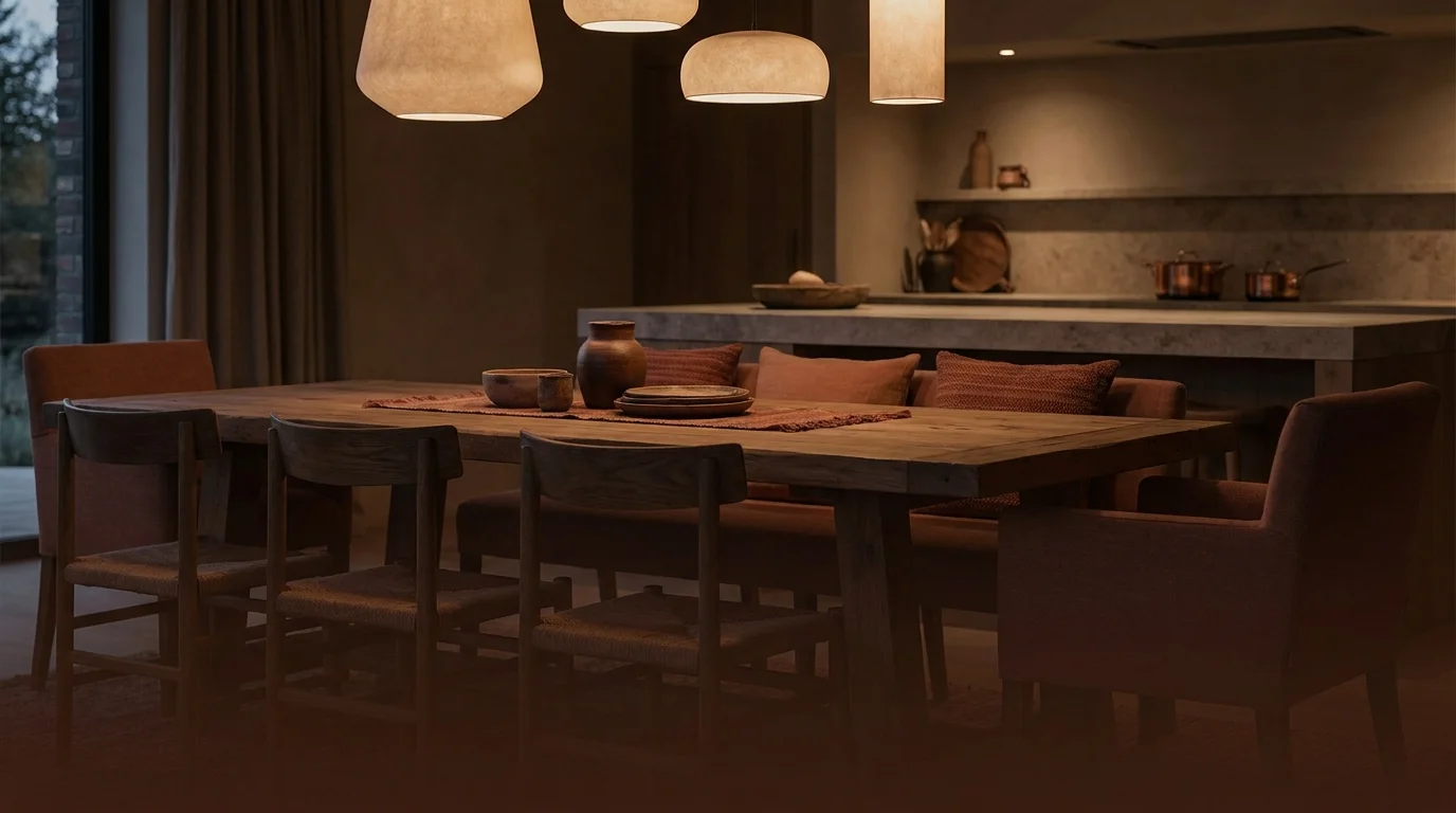 A long wooden dining table set for dinner in a warm, dim room